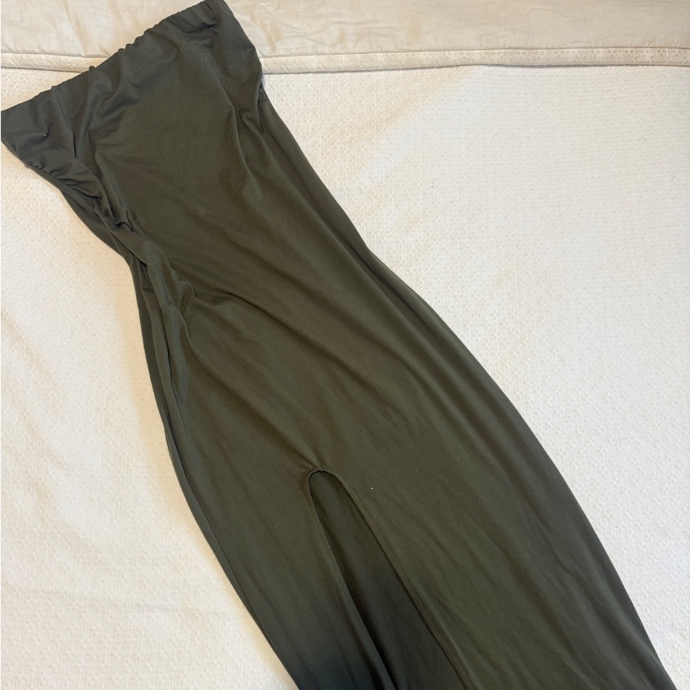 Olive Green Strapless Women's Slit Midi Dress